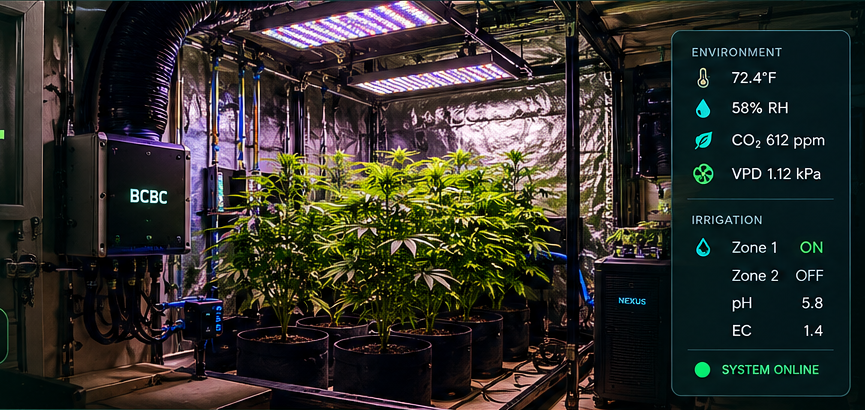 Concept rendering of an indoor grow environment with integrated sensing, irrigation monitoring and local control hardware